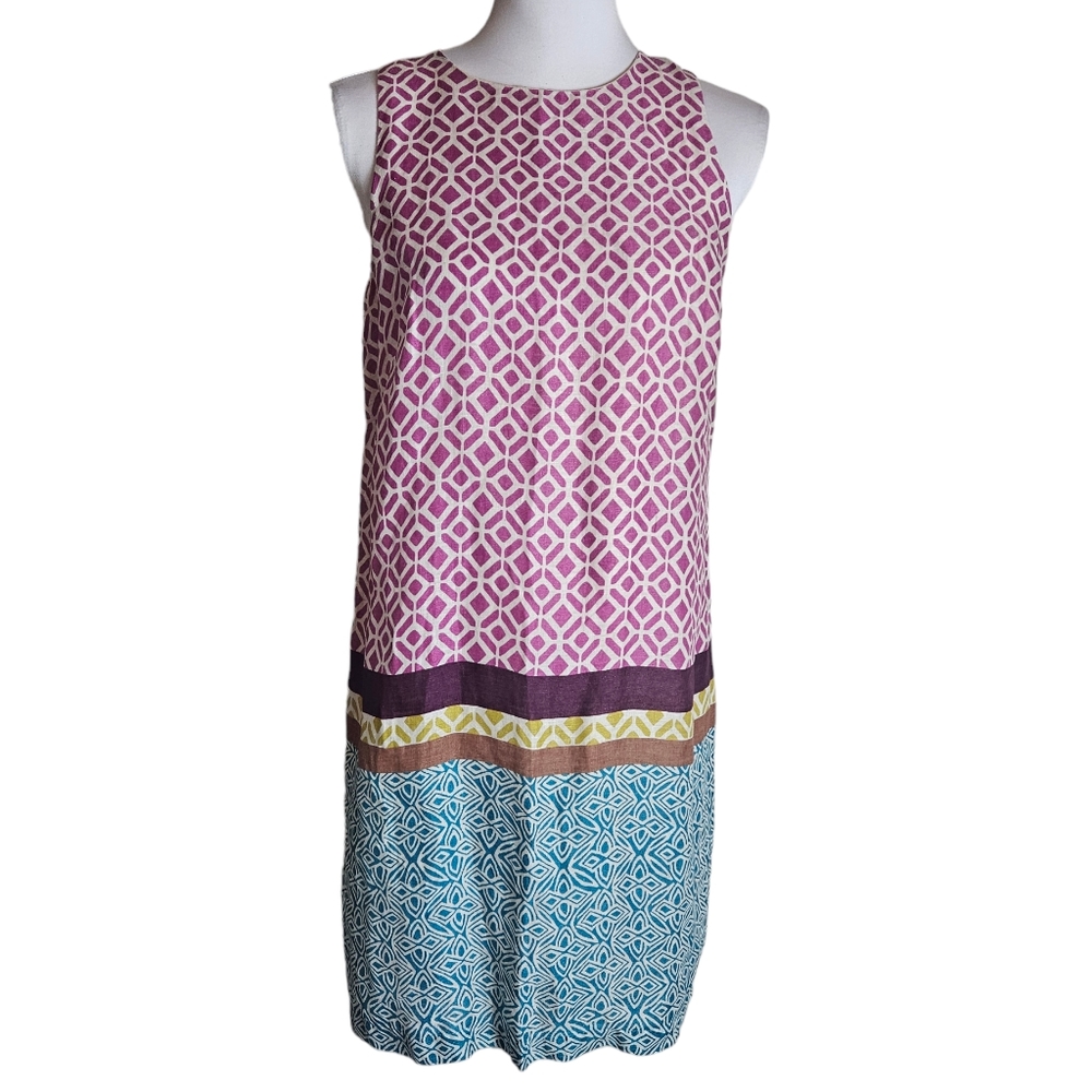 Ann Taylor Loft 100% Linen Mixed Geometric Print Shift Dress Size 6 Sleeveless